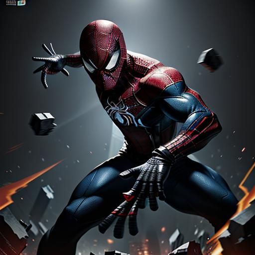 Superhero inspired by Spider-Man black suit, full body, spin...