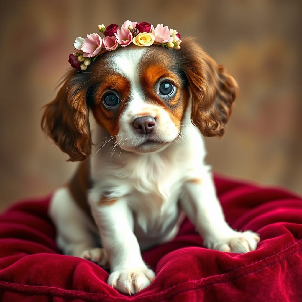 Cavalier Puppy with Floral Crown on Velvet Cushion