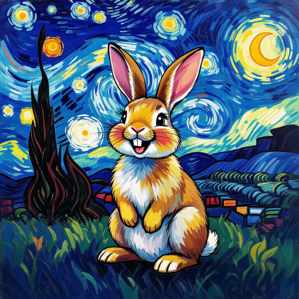Laughing Bunny in Starry Night Style