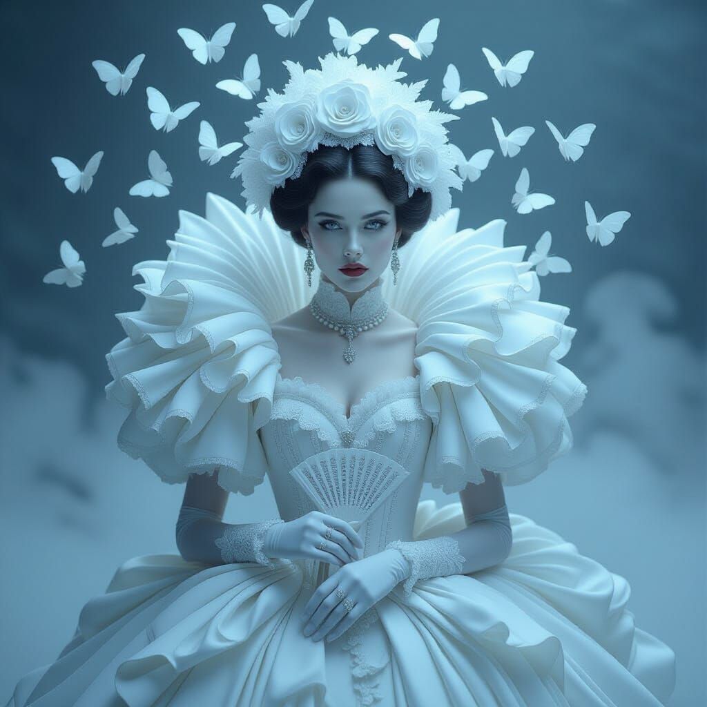 Monochrome Victorian Lady with Porcelain Moths