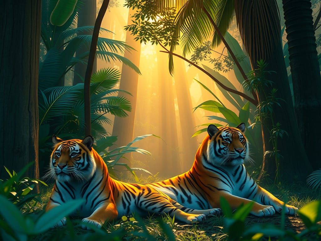 Majestic Tigers in Lush Rainforest: Cinematic Film Still