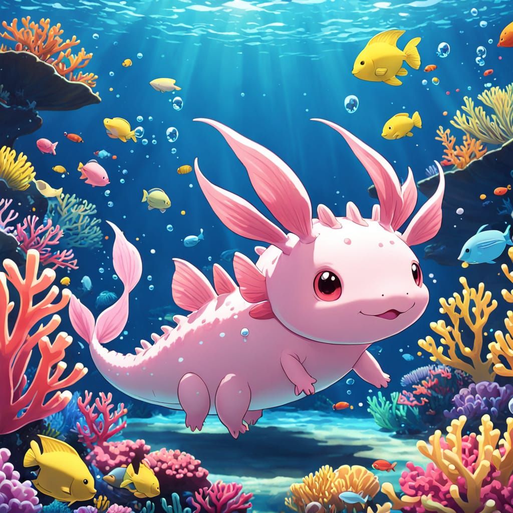 Charming Cartoon Axolotl in Vibrant Coral Reef