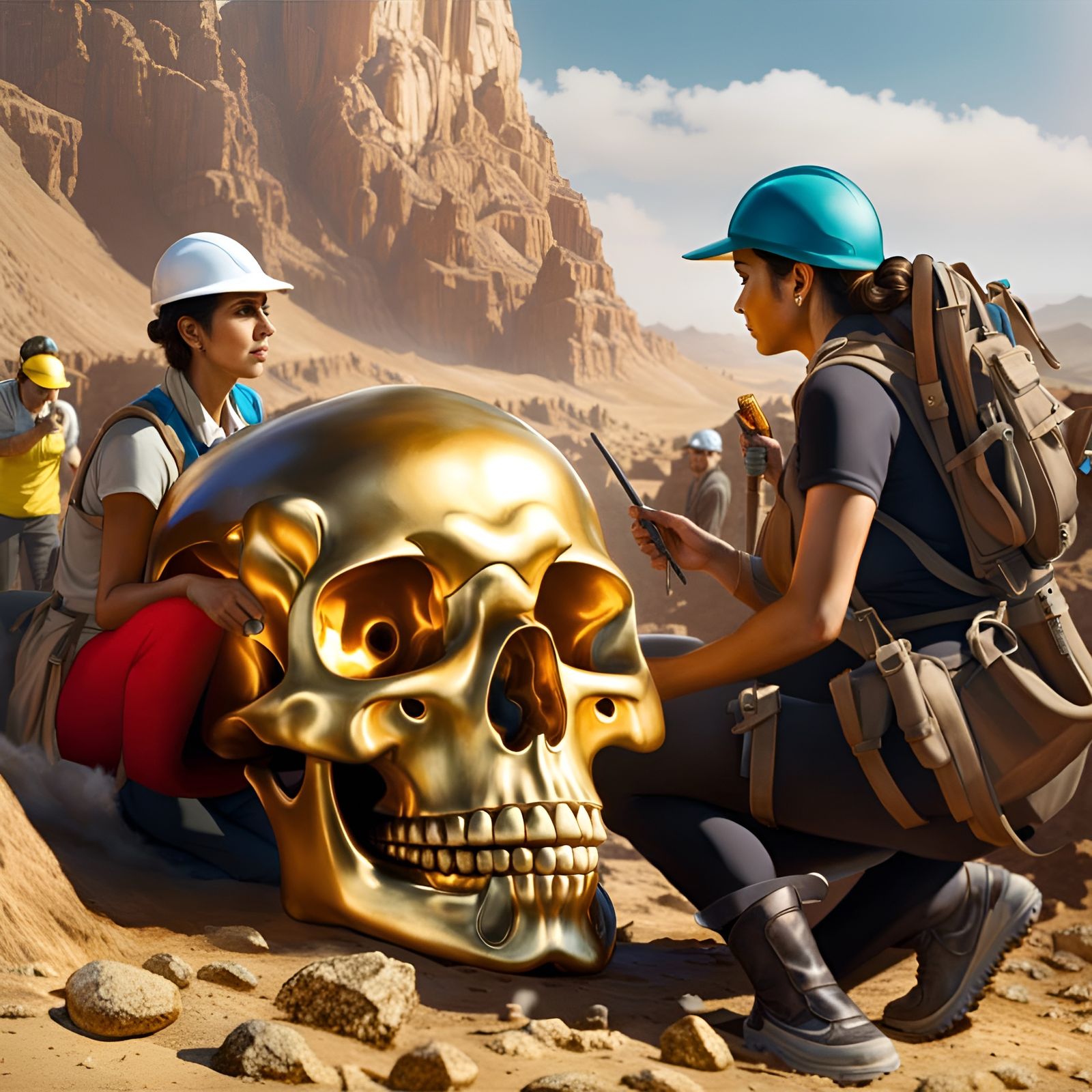 Two women archaeologist discover Alien Gold Skull