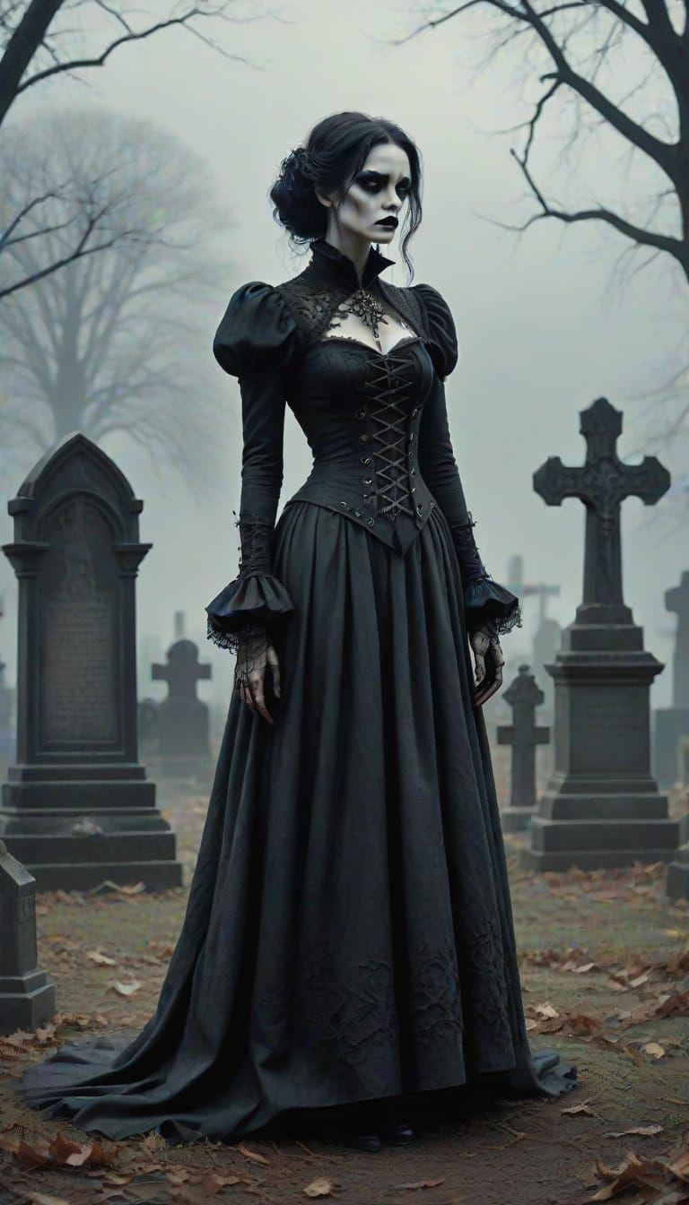 Gothic Woman in Graveyard, Dark Fantasy Realism