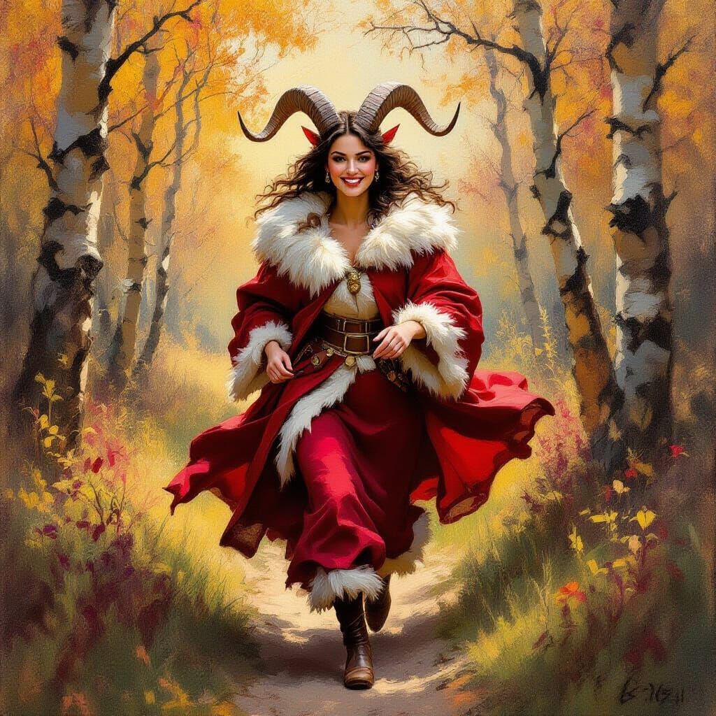 Mythical Woman Running Through Forest as Oil Painting