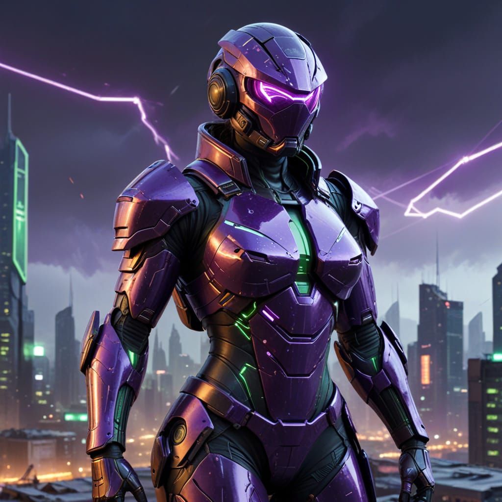 Futuristic Power Armor in Cyberpunk Cityscape