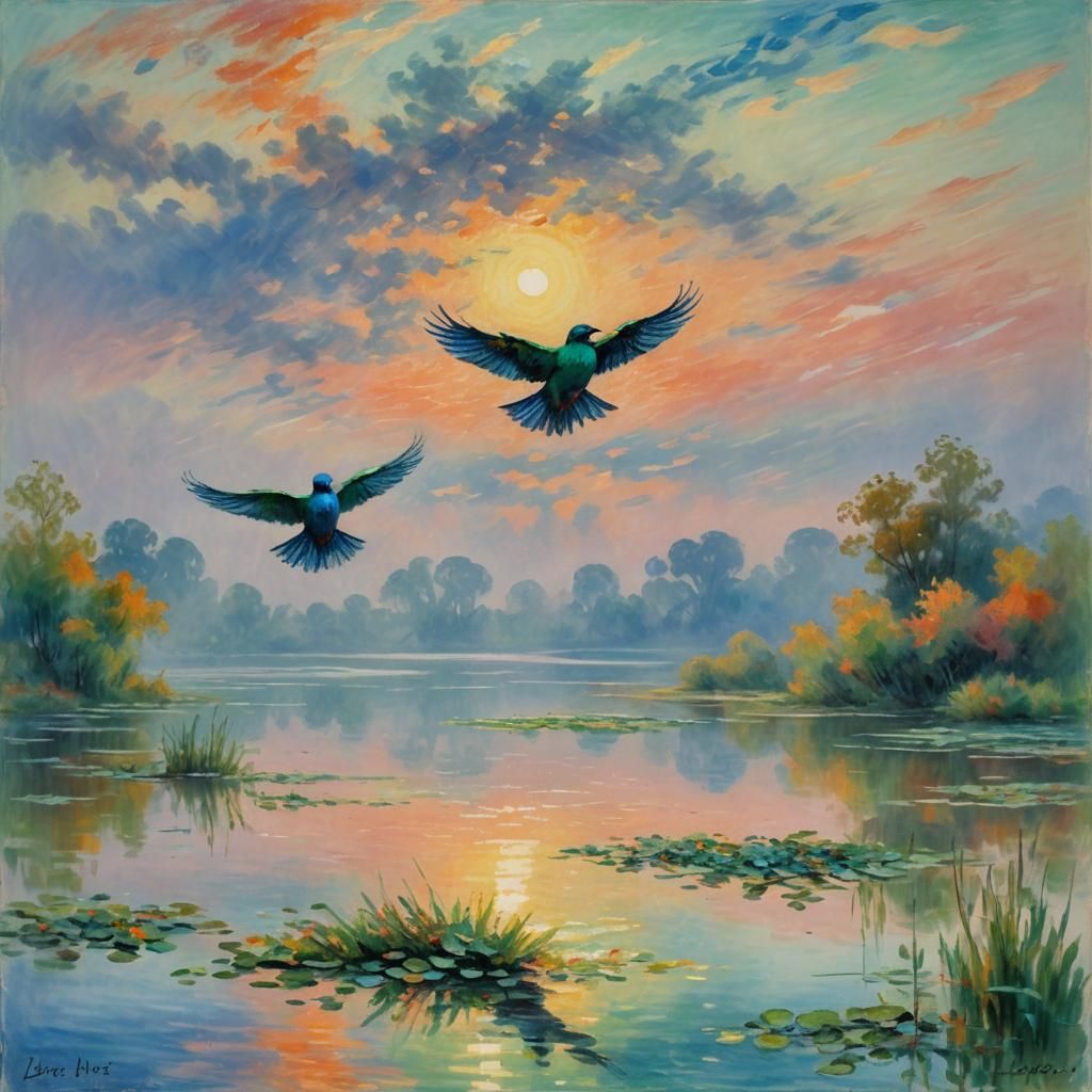 Expressionist Birds Fly Into Vibrant Sunrise