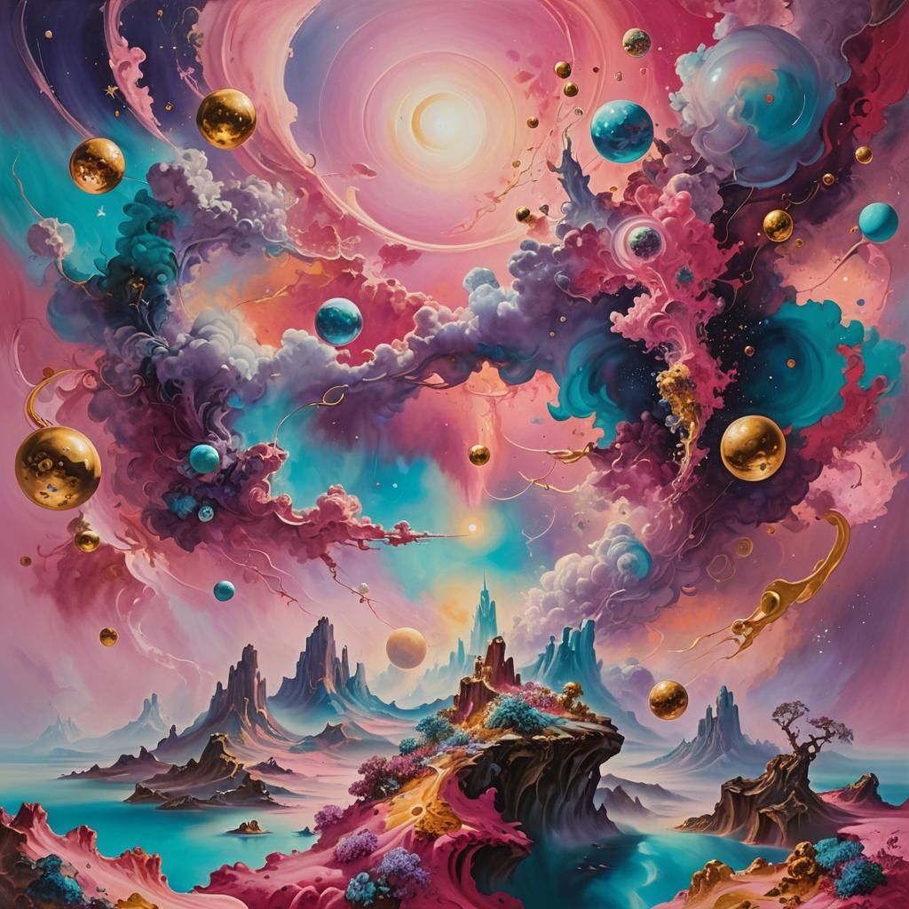 Surreal Dreamscape of Floating Islands and Celestial Bodies