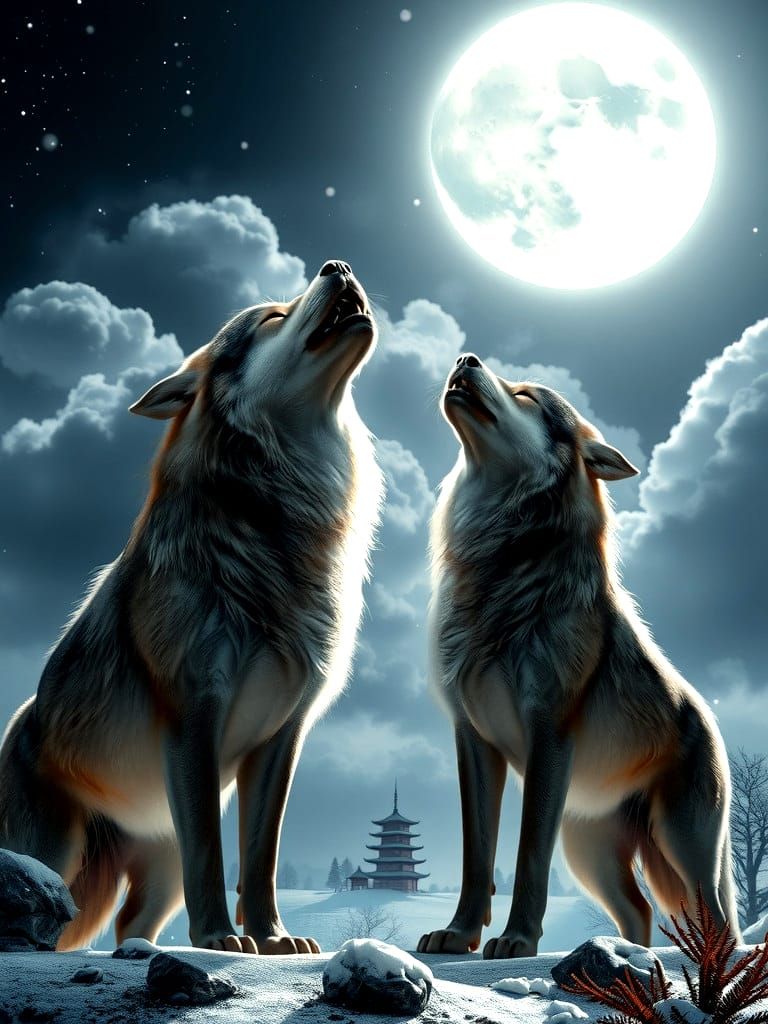 Wolves Roaring at Moonlit Nebula, Photorealistic