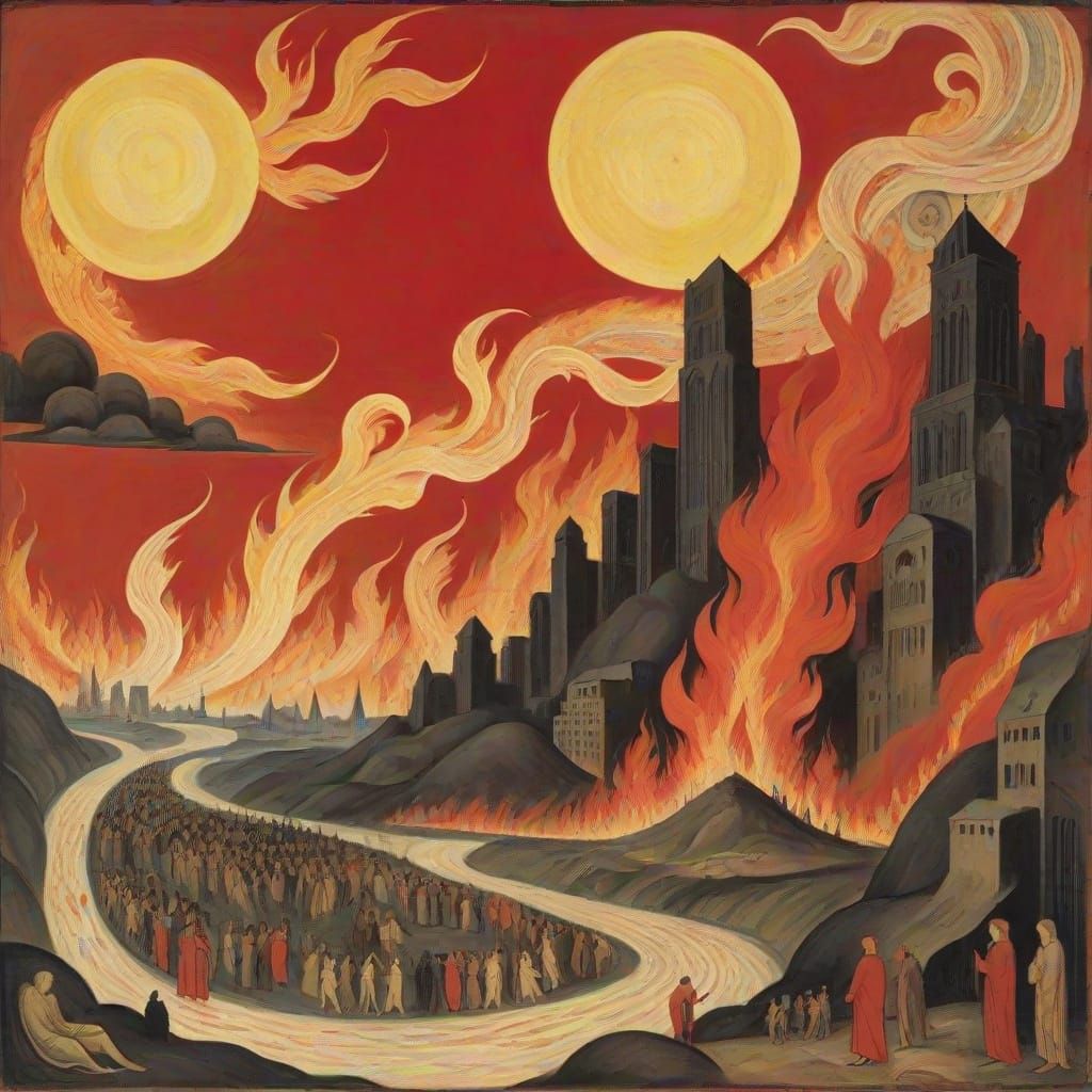 Angelic Figures Over Crimson Future City