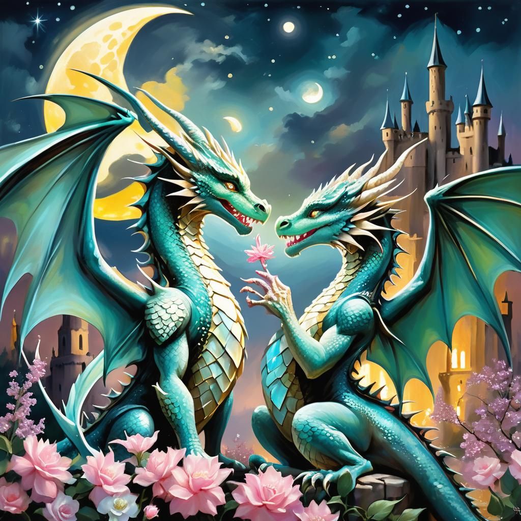 Romantic Dragons Nuzzling Under Moonlight: Oil Painting