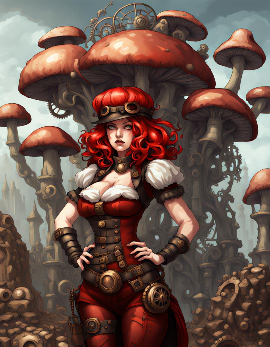 Steampunk Mushroom Woman in Fantasycore Style