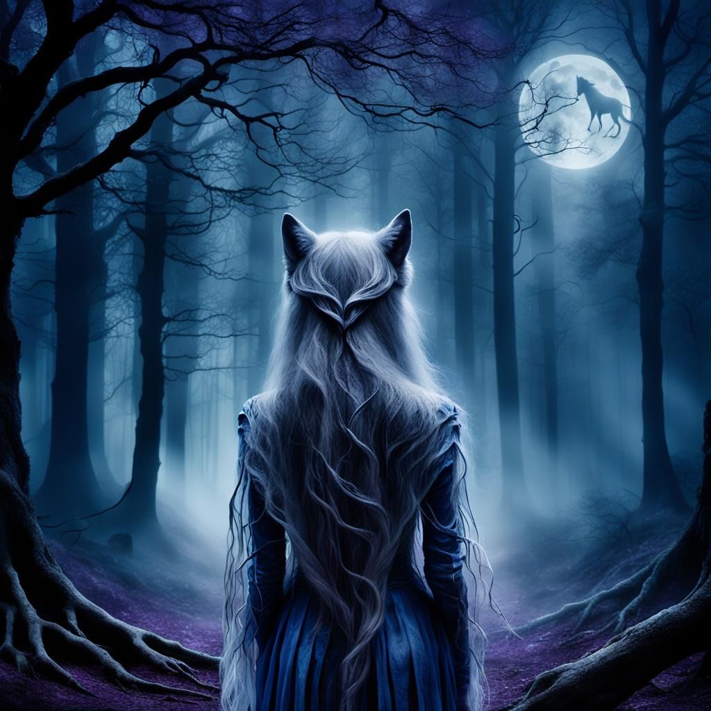 Mystical Wolf Woman in Moonlit Forest: Abstract Portrait