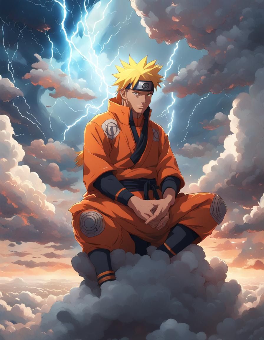 Naruto on Clouds with Lightning, Hyperdetailed Art