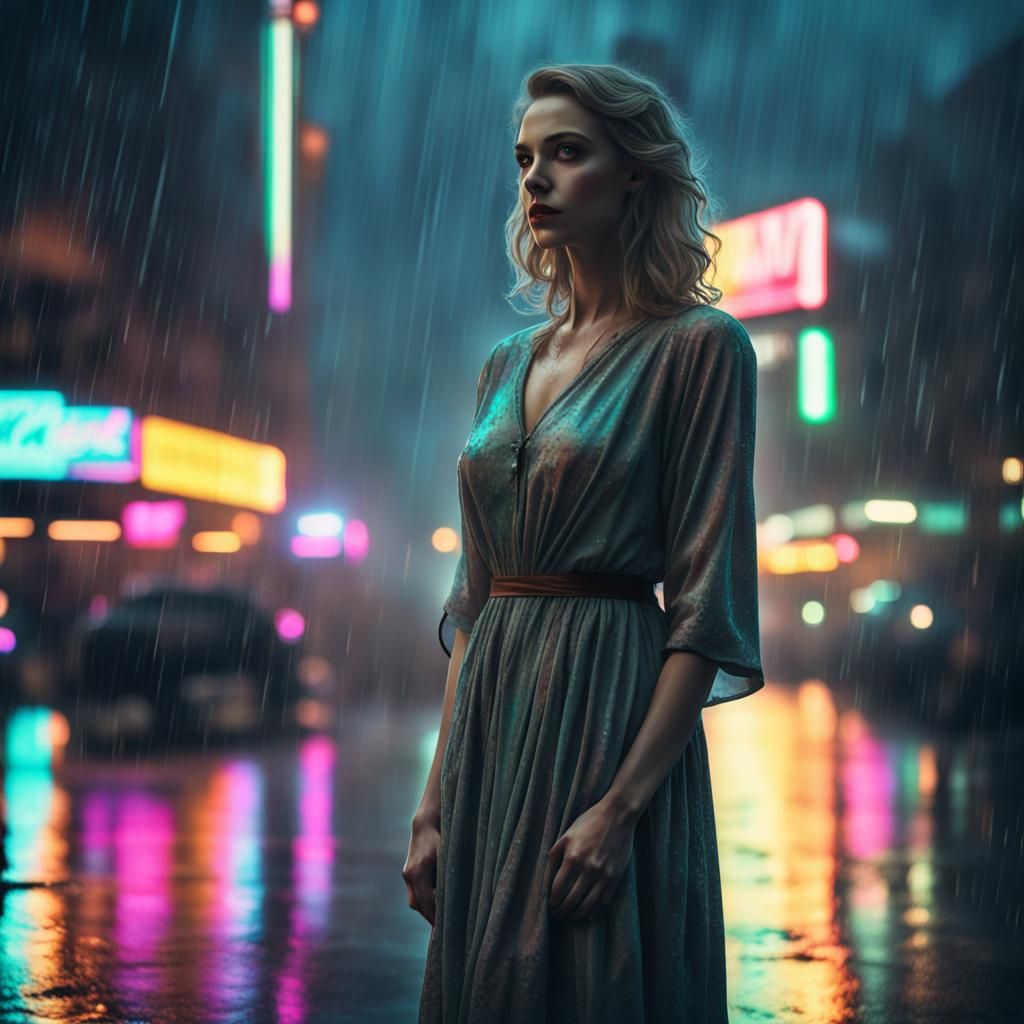 Dreamy Film Noir Girl in Rainy City