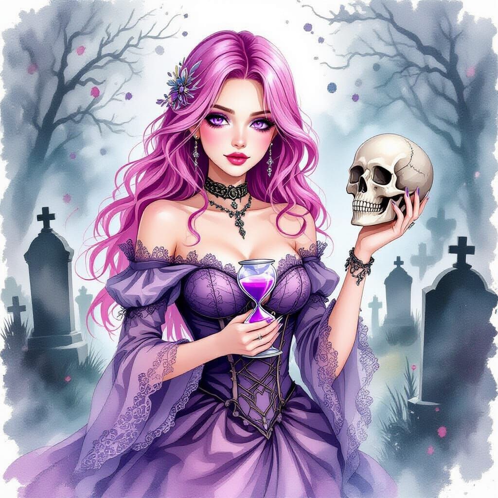 Pink Haired Woman with Skull in Watercolor Style