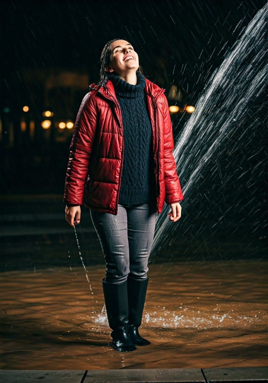 Woman Soaked in Moonlit Fountain, Photorealistic Cinematic S...