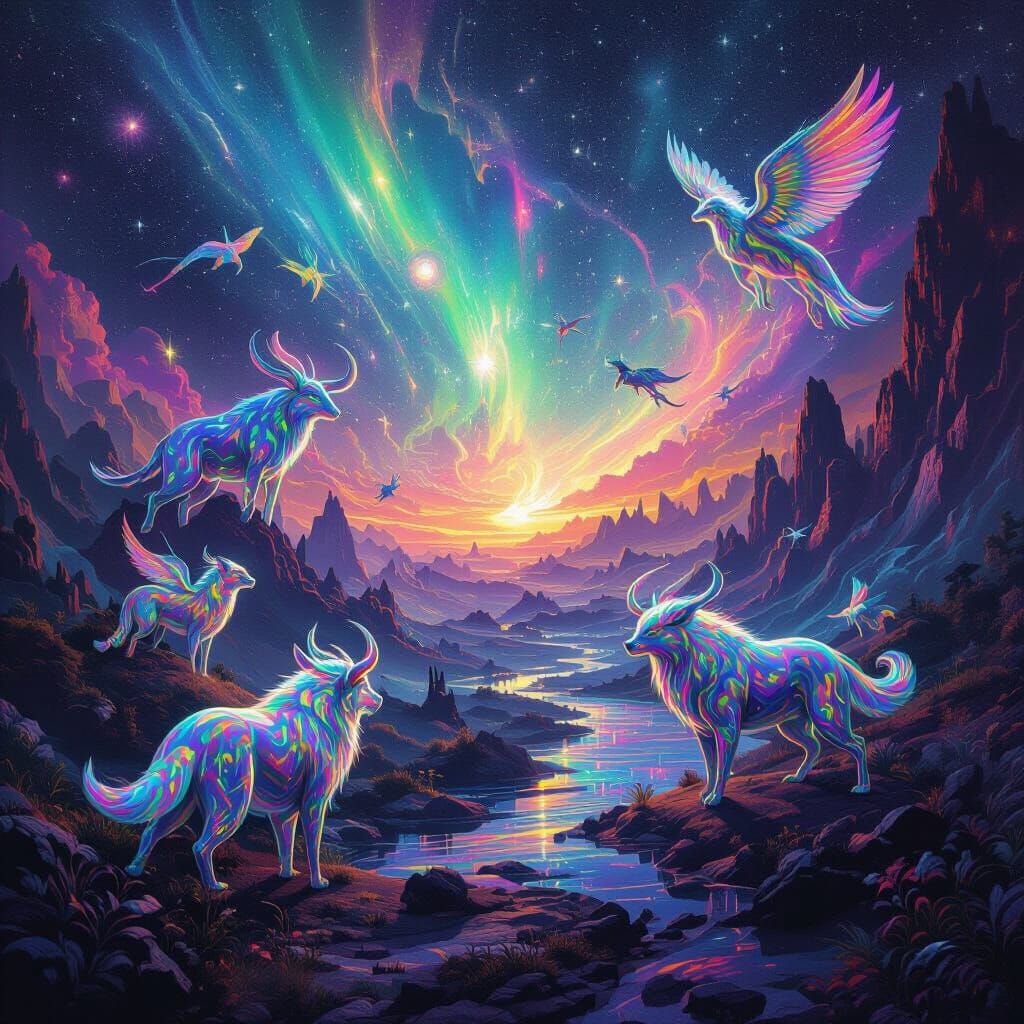 Cosmic Animals Gather Under Aurora in Psychedelic Style