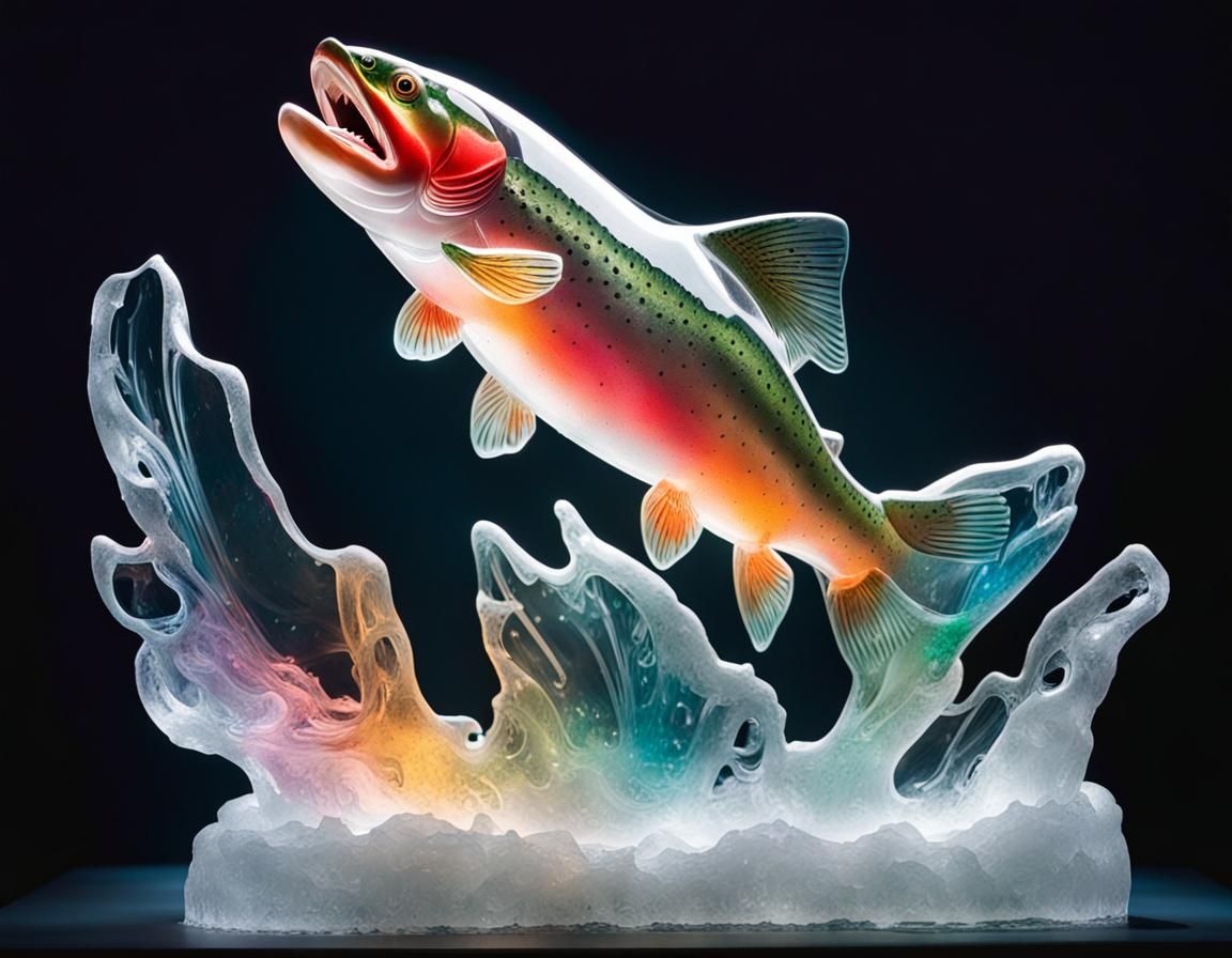 Rainbow Trout Ice Sculpture with Multicoloured Lights