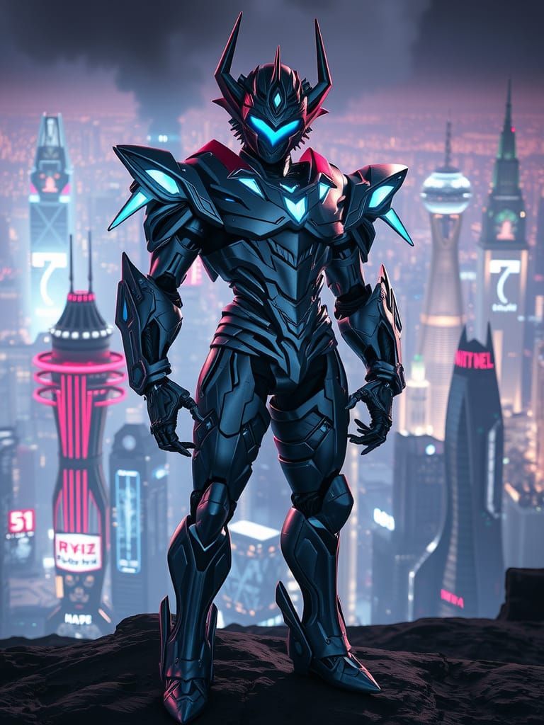 Cybernetic Warrior in Futuristic Metropolis