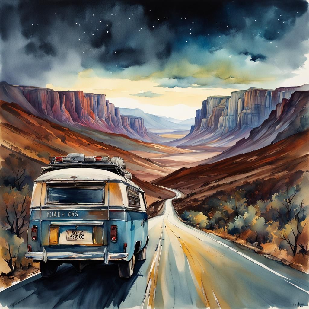 Campervan Road Trip on Route 66 at Night