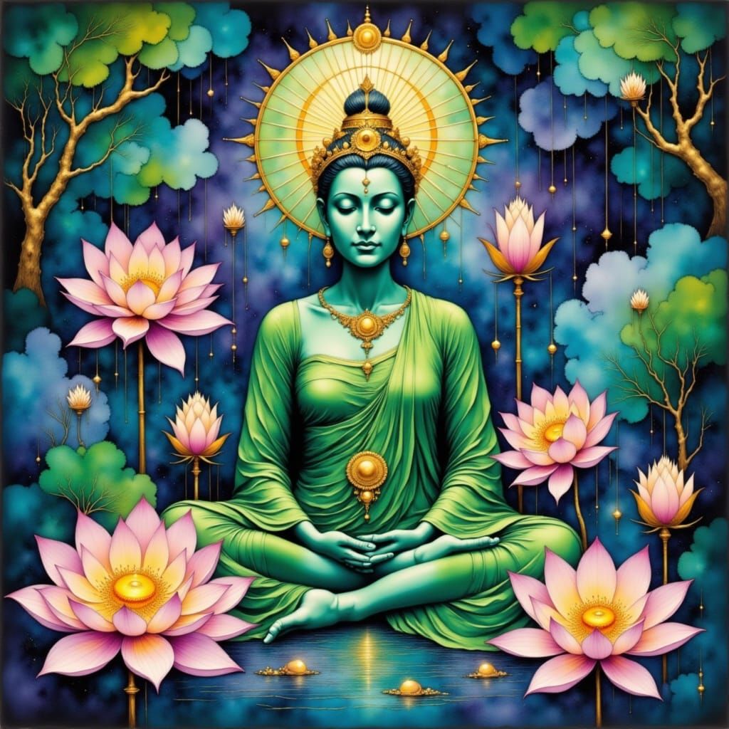 Green Tara in Watercolor Dreamscape
