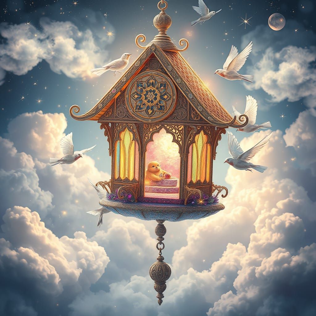 Magical Stardust Birdhouse Floating in Moonlight Clouds