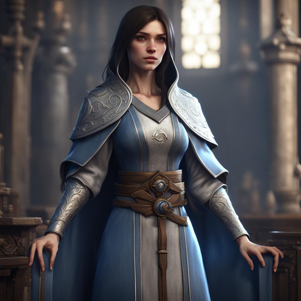 Female Cleric in Silver and Blue Robes