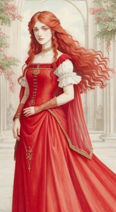 Girl in Red Gown: Pre-Raphaelite Style