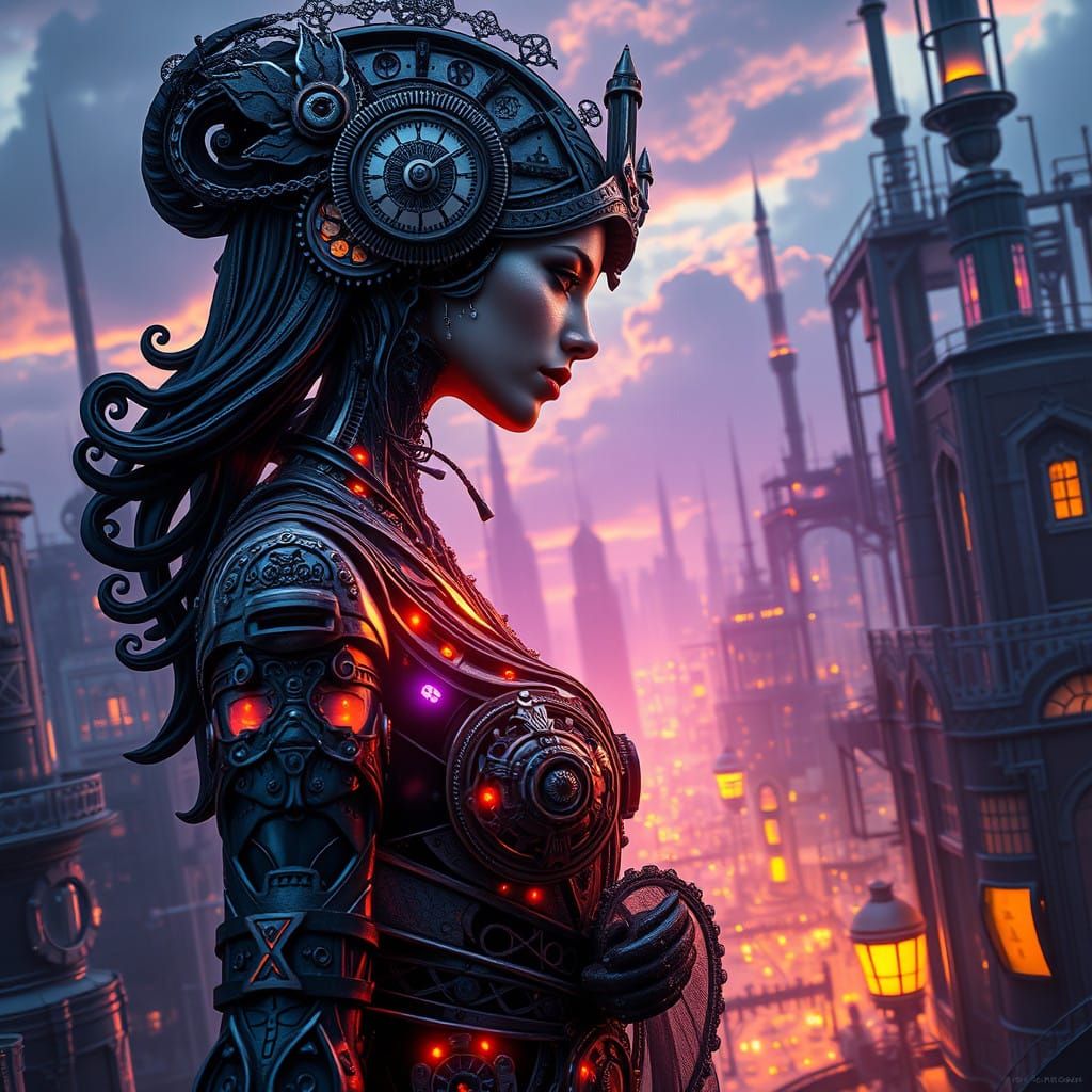 Steampunk Clockwork Goddess in Futuristic Metropolis
