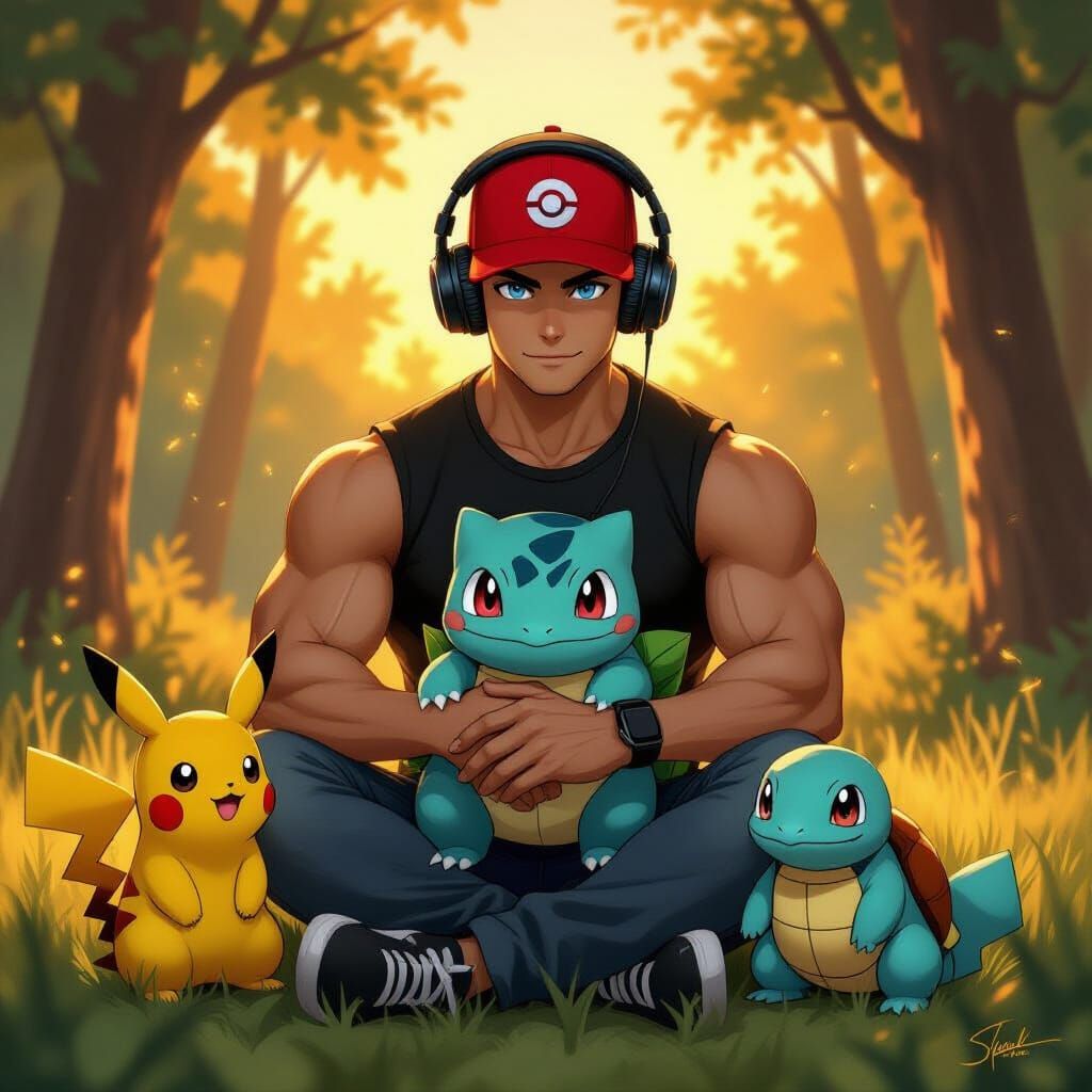 Pokemon Trainer with Starters in Realistic Digital Painting