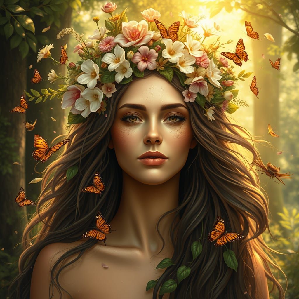 Mother Nature Embodied as Serene Woman with Wildflower Crown