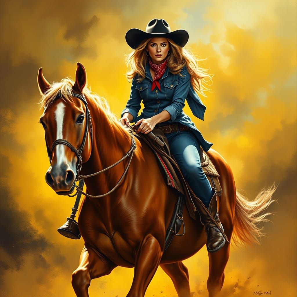 Cowgirl on Roan Horse in Hyperrealistic Oil Painting