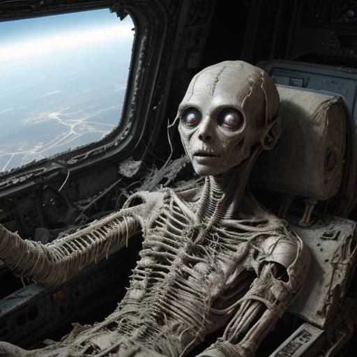 mummified, decaying alien in the pilot seat of a wrecked spa...