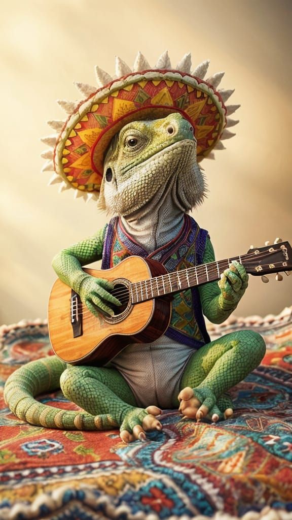 Iguana with Sombrero Plays Guitar