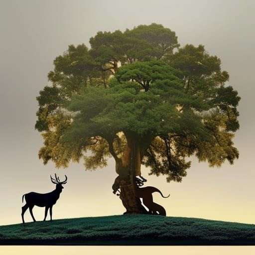 Man, Lion, Bull, and Stag Beside an Oak: Dali Style