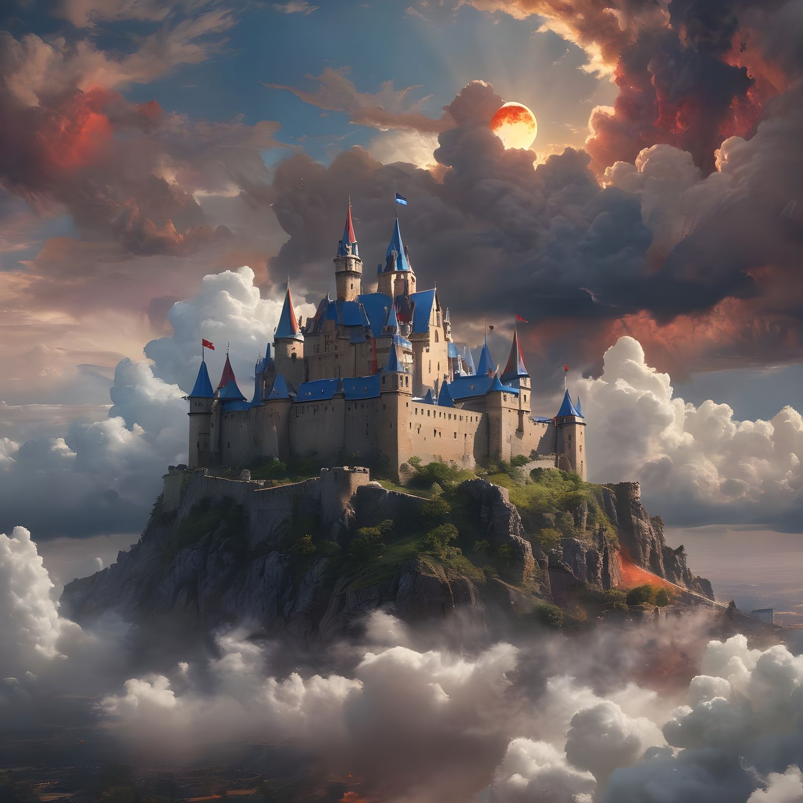 Majestic Castle View with Blue Flag in Storm