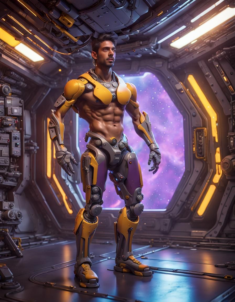 Muscular Robot in Space Station, Dark Fantasy Concept Art