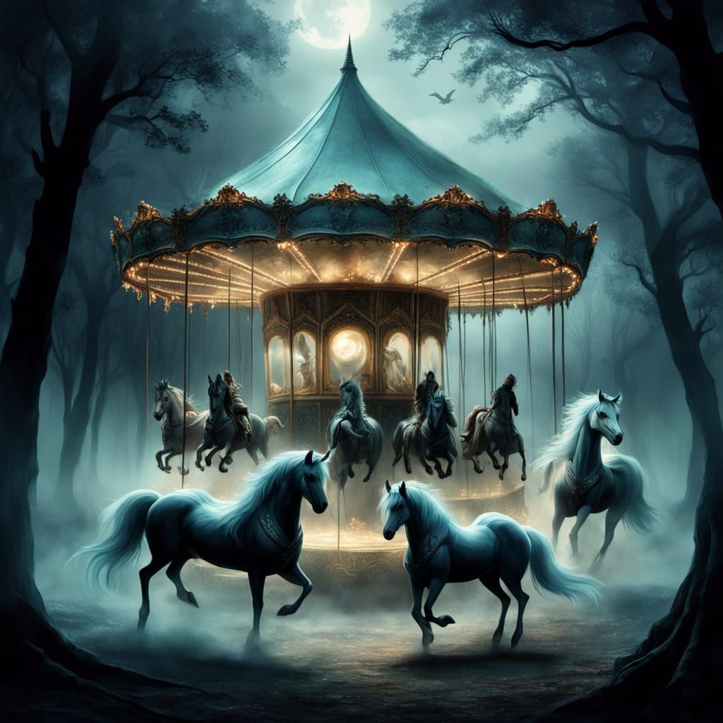 Haunted Carousel in Ethereal Fantasy Forest
