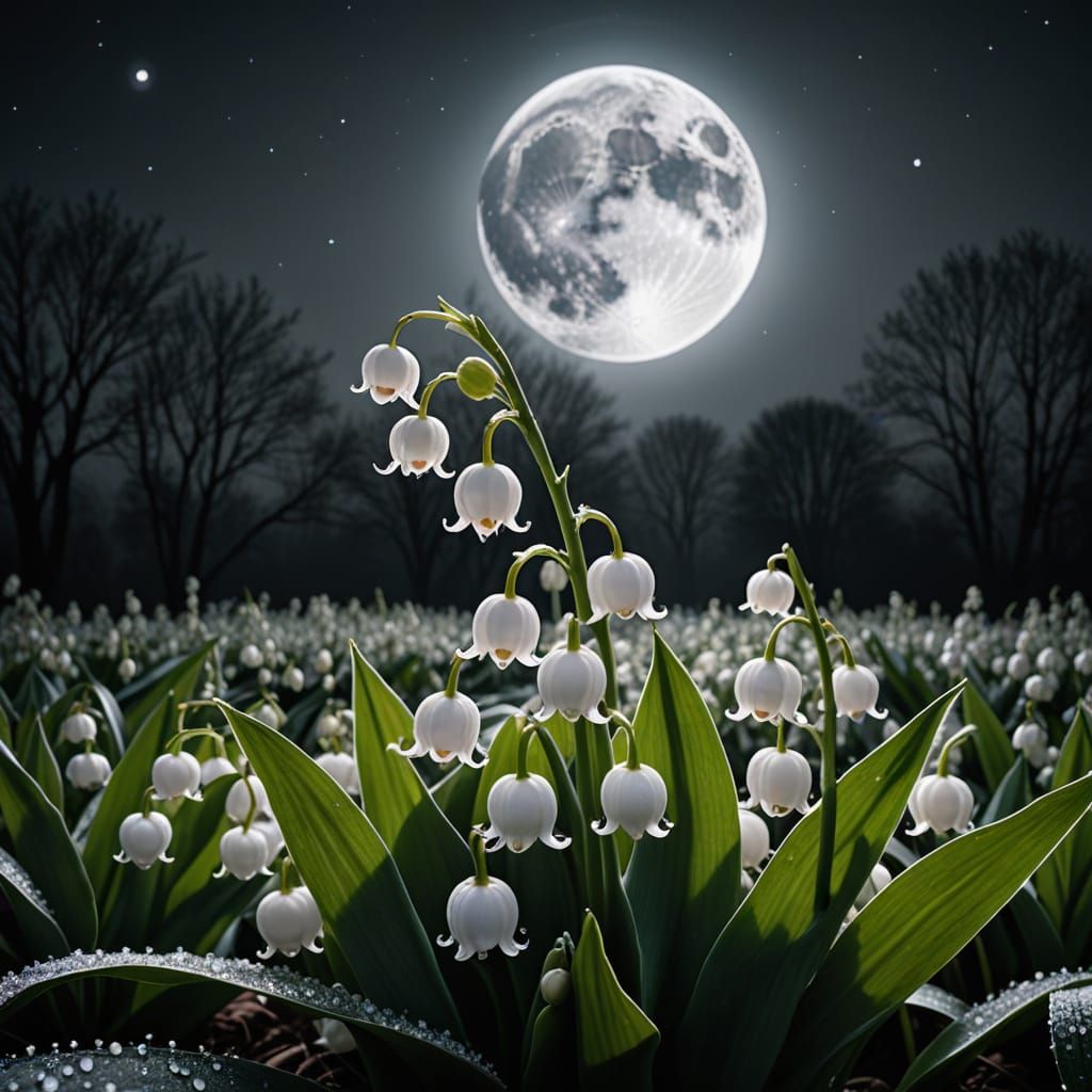 Winter Lily of the Valley Blooms under Giant Moon