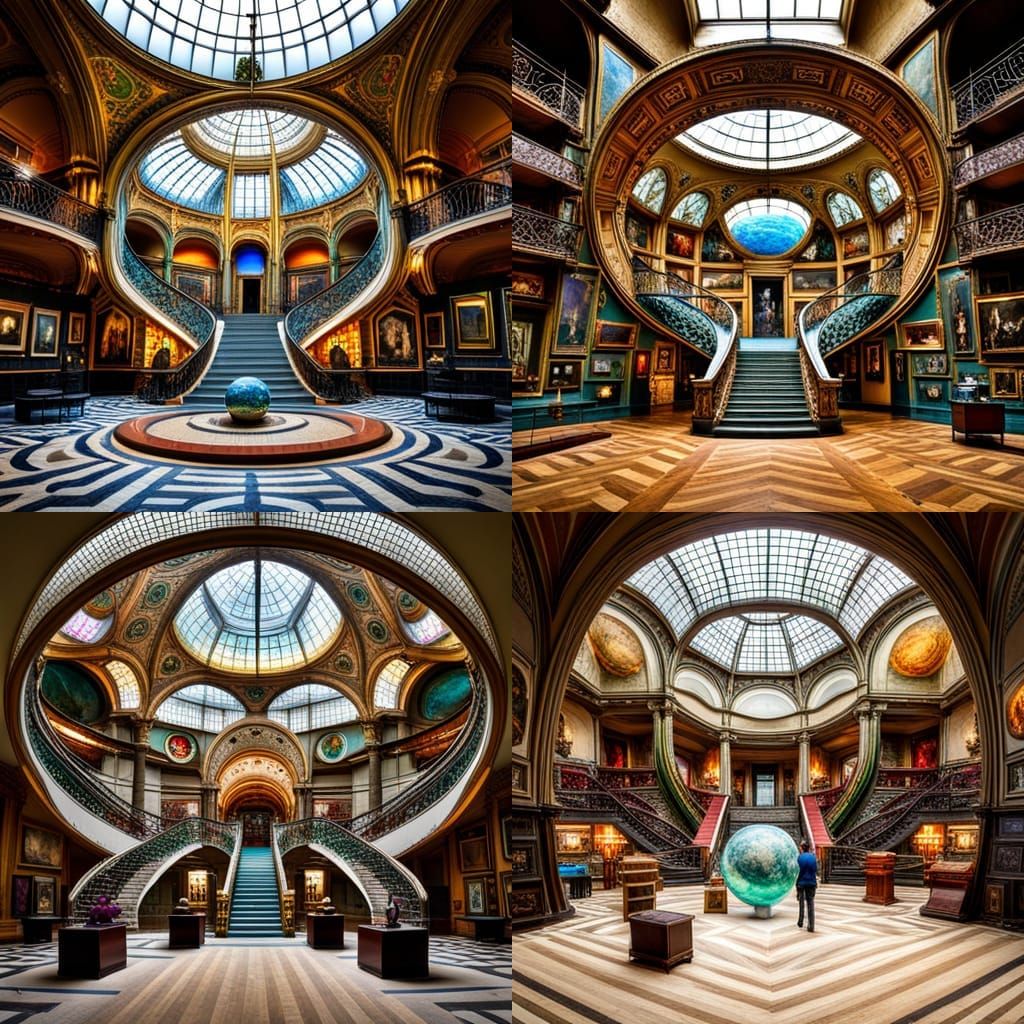 Extravagant Museum Interior with Crystal Sphere, Gouache Sty...