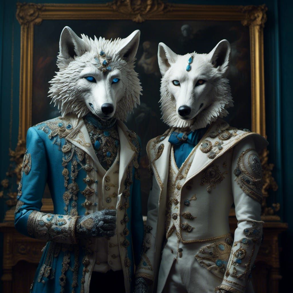 Anthropomorphic Wolves Face-Off in Lush Forest