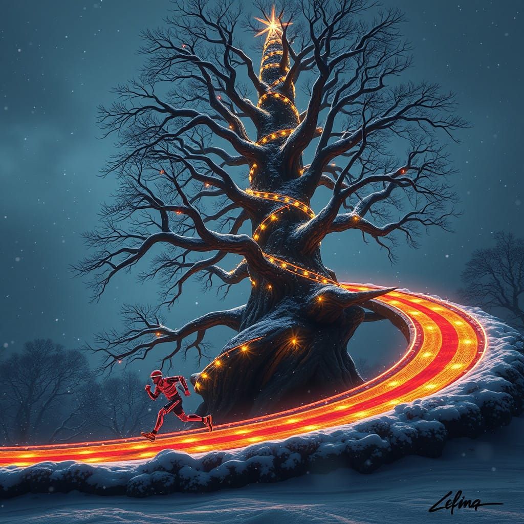 Cyberpunk Christmas Tree with Runners on a Swirling Track