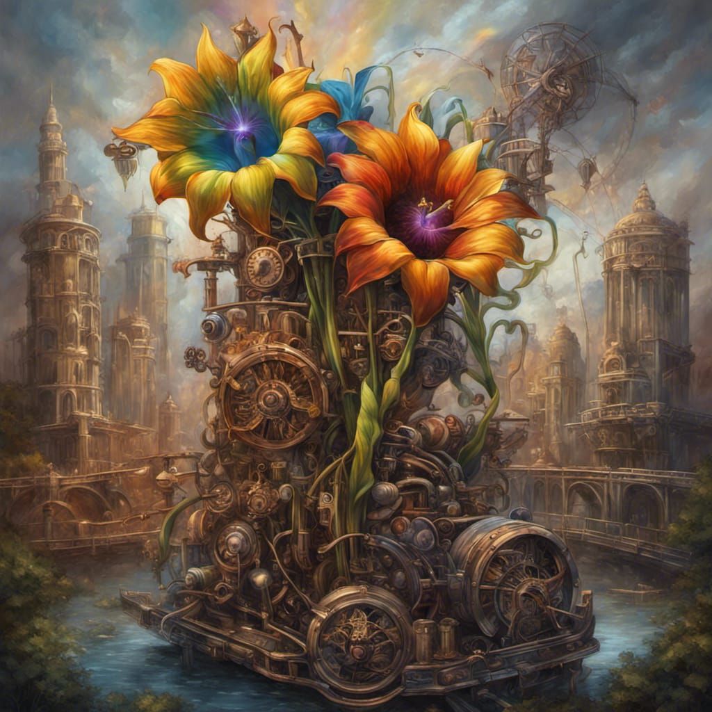 Metallic Floral Rainbow over Forgotten City: Oil Painting