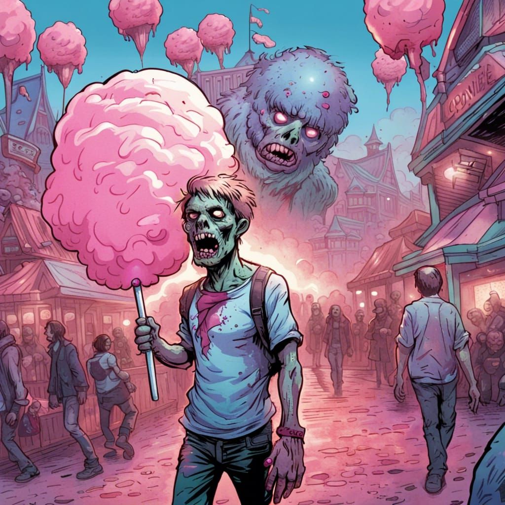 Zombie Ambles Through Theme Park with Cotton Candy