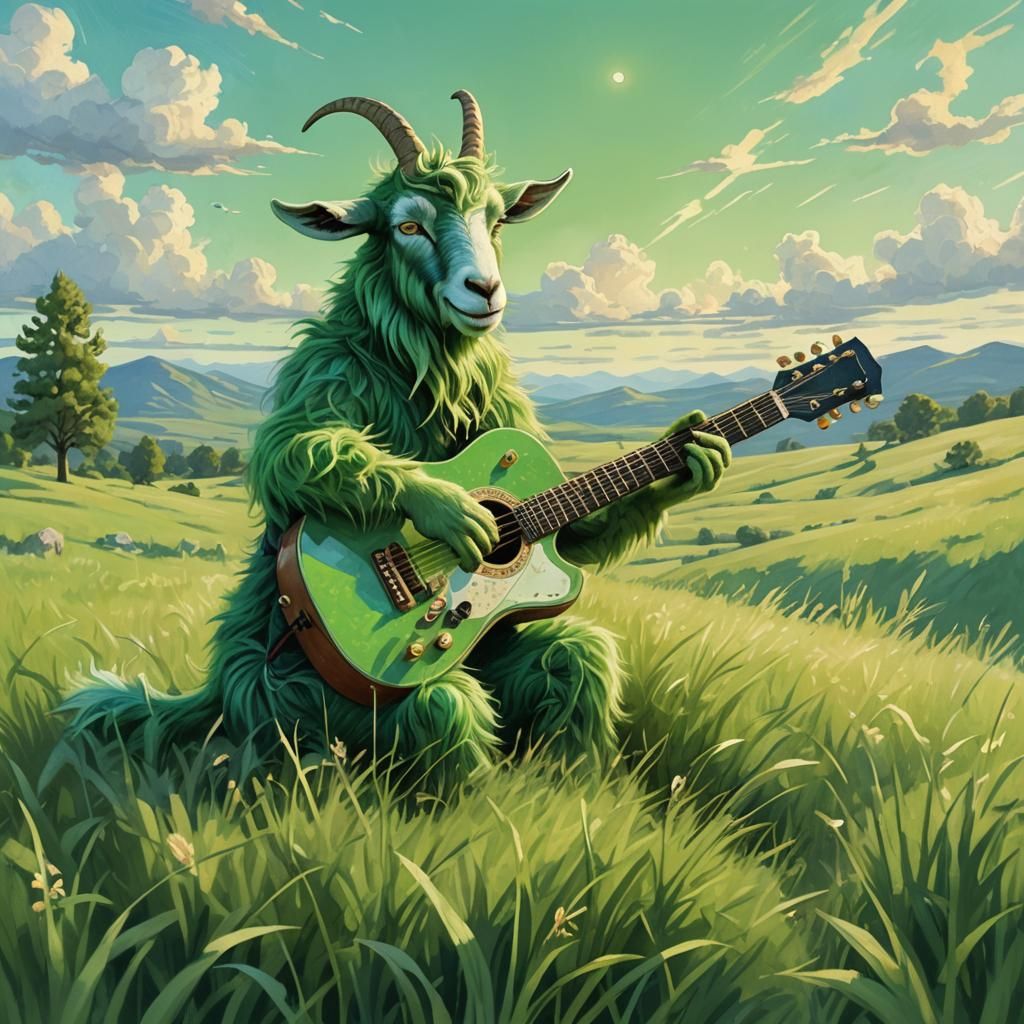 Green Goat Serenade in a Verdant Field as Folk Art