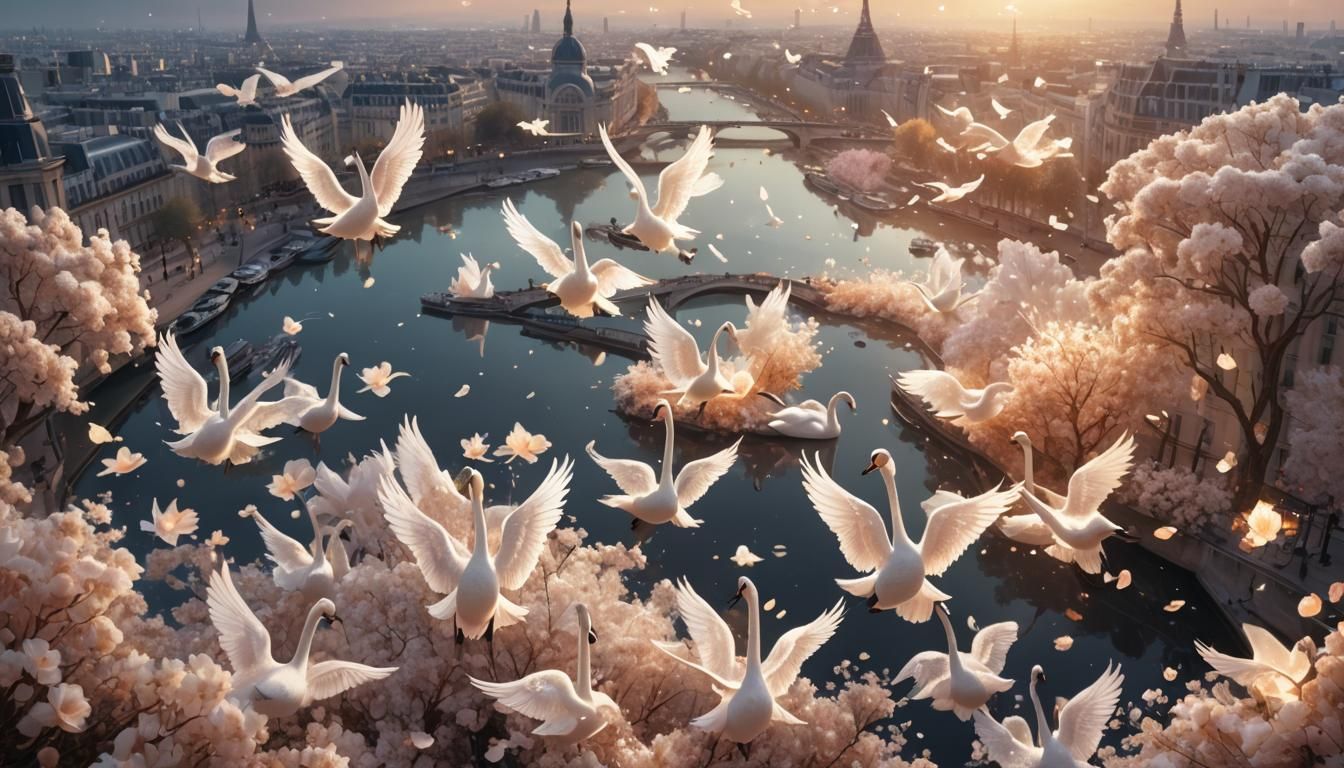 Crystal Swans Soaring Above Paris in Digital Art