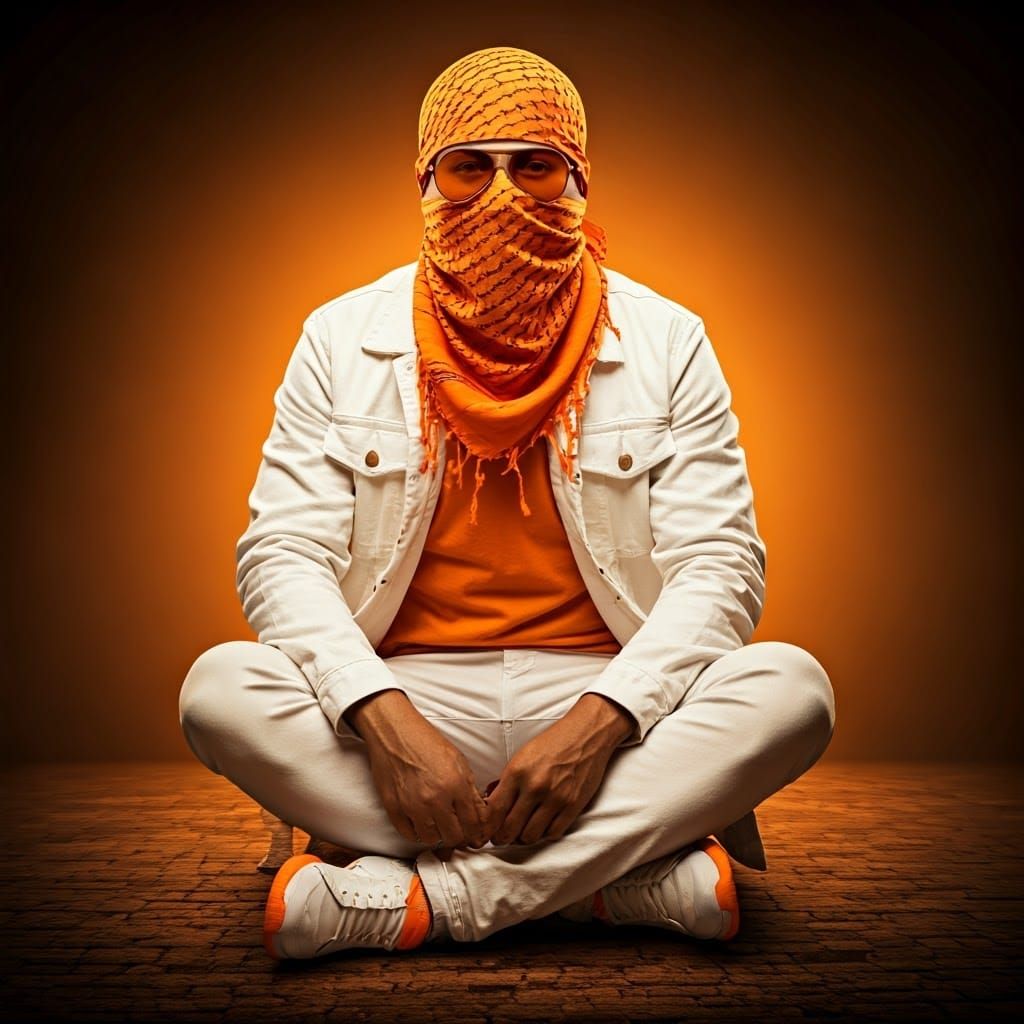 Strong Jawed Arab Man in Orange Keffiah with Piercing Eyes