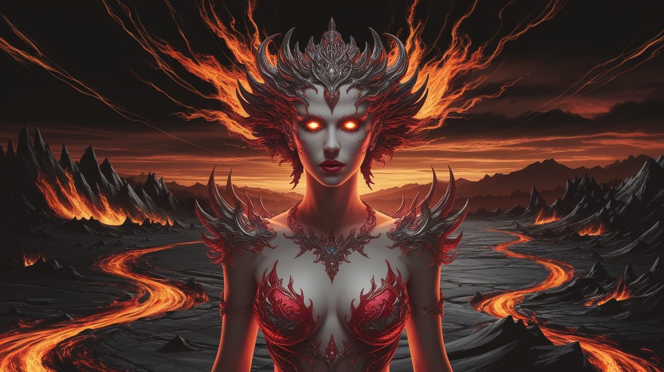 Goddess of Hell in Fiery Art Nouveau Style