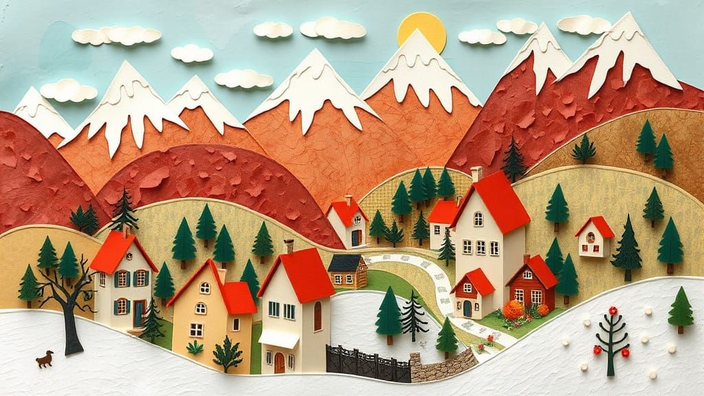 Mountain Village in 3D Paper Collage Style